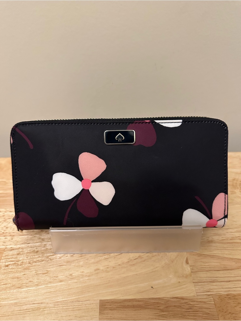 kate spade Black Floral Zip-Around Wallet with Pink & White Accents